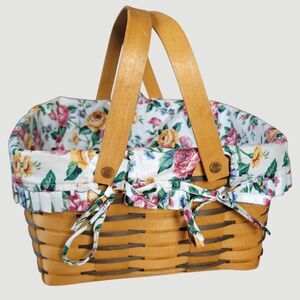 Longaberger Square Basket Floral Cotton Liner 1998 Wood Double Handle 12x12 USA